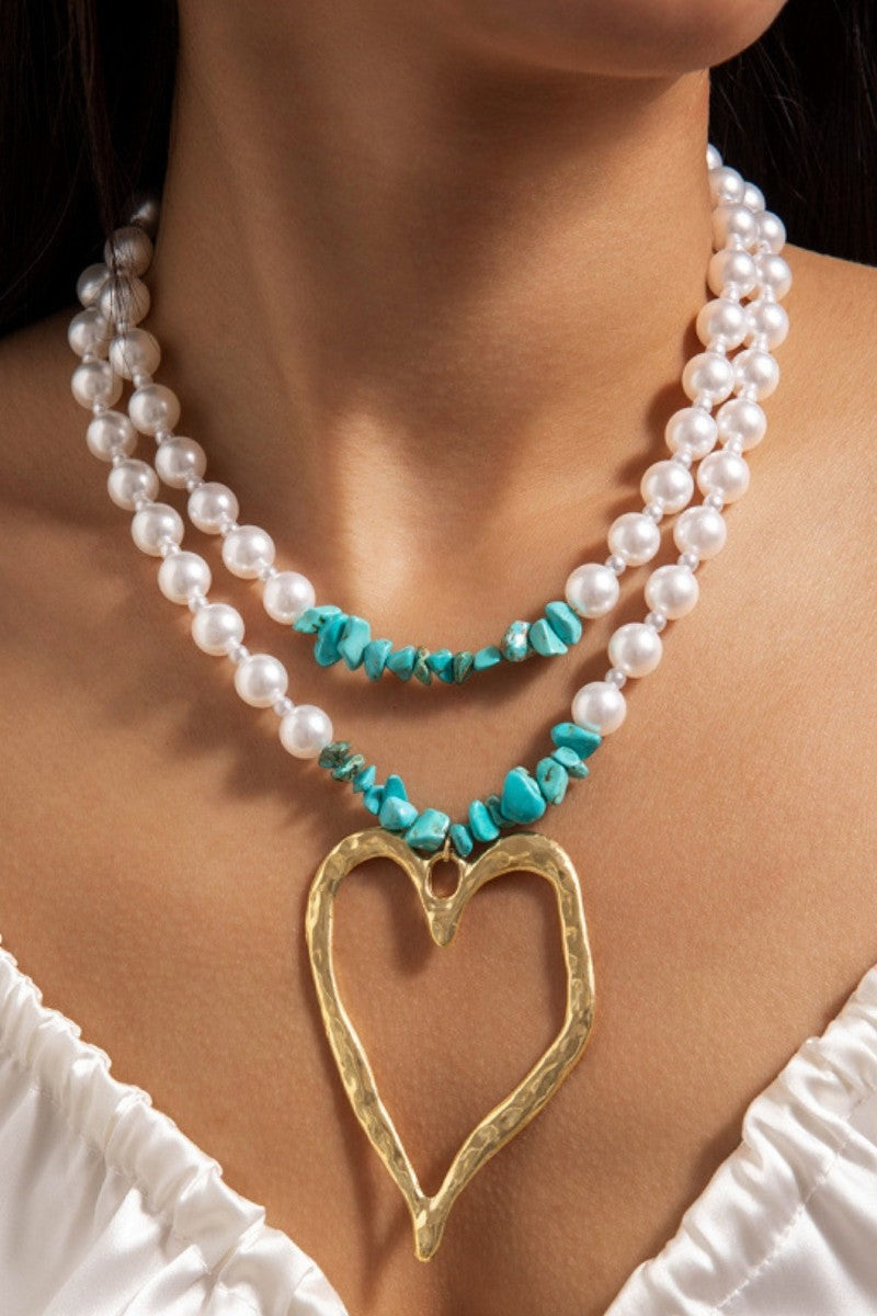 Gold Heart Turquoise and Pearl Pendant Neck