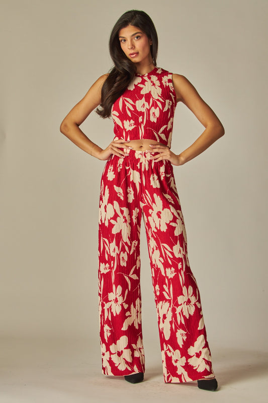 Floral Print Crinkled Crop Top Loungewear Set