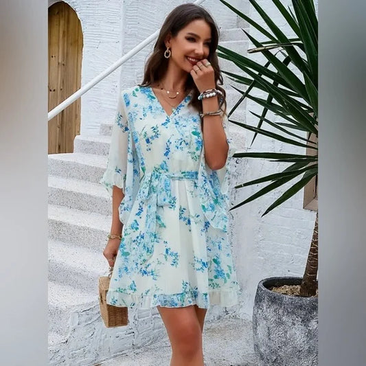 Floral V-Neck Belted Summer Dress