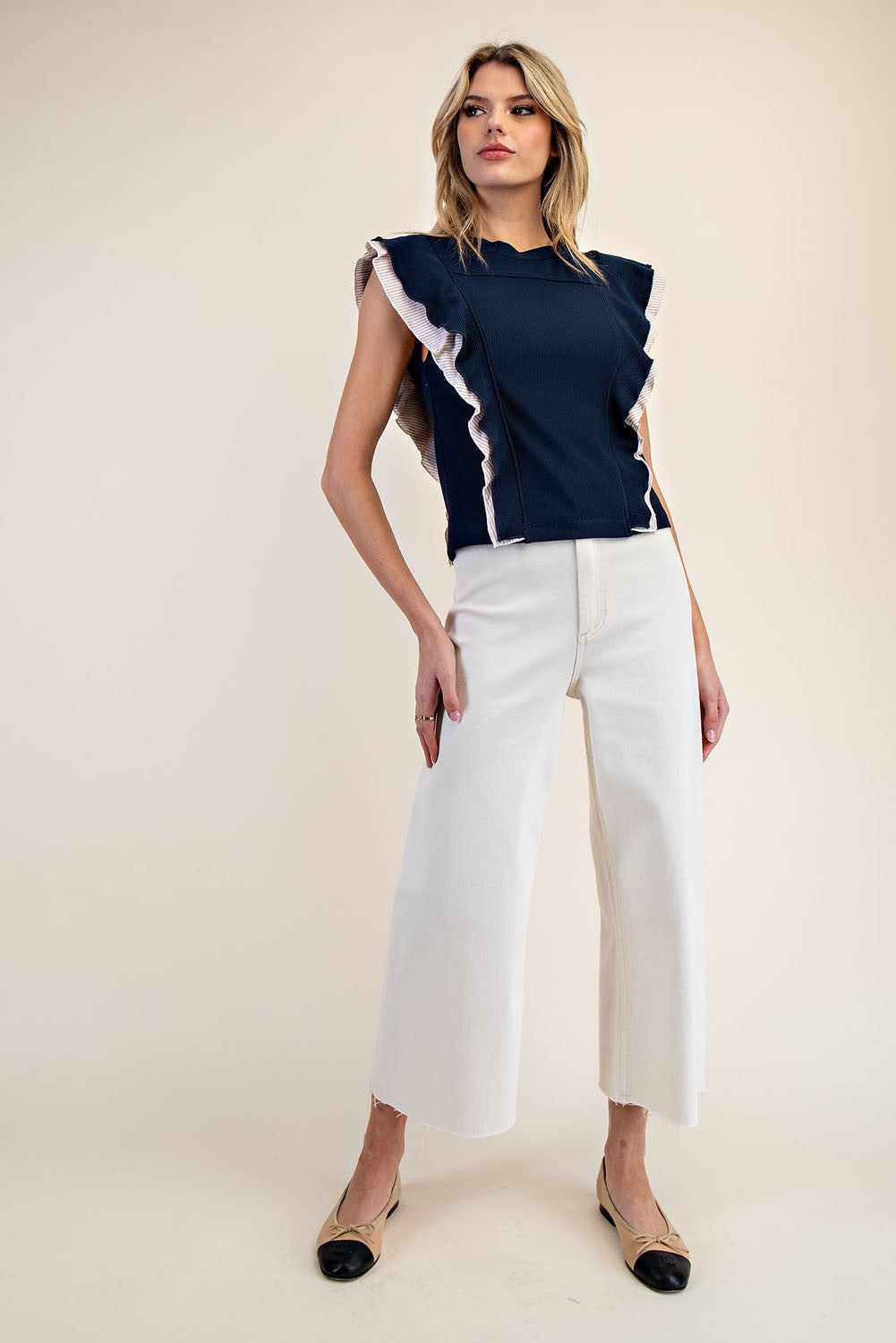 Navy Striped Flutter Sleeve Top