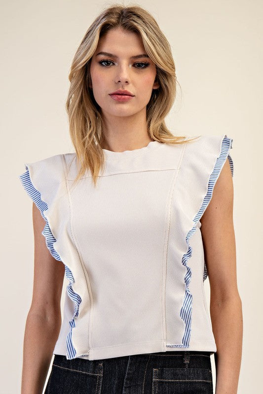 Oatmeal Striped Ruffled Edge Top