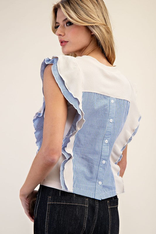 Oatmeal Striped Ruffled Edge Top