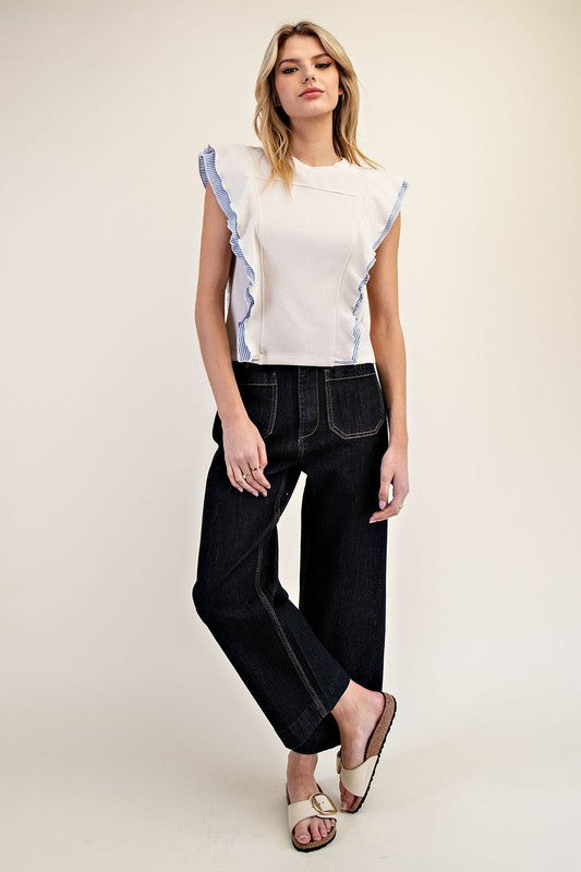 Oatmeal Striped Ruffled Edge Top